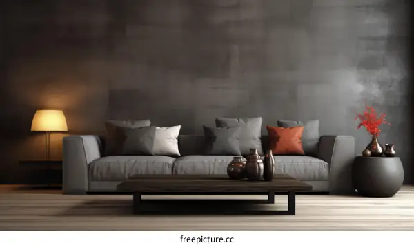 Modern Living Room With Gray Sofa and Wooden Table