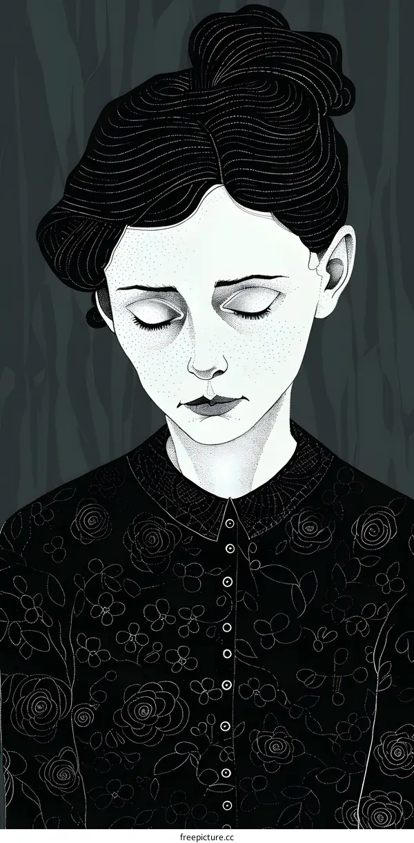Black and White Illustration of a Woman with Closed Eyes