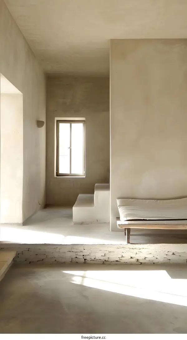 Minimalist Interior Design With Beige Walls and Wooden Platform Bed