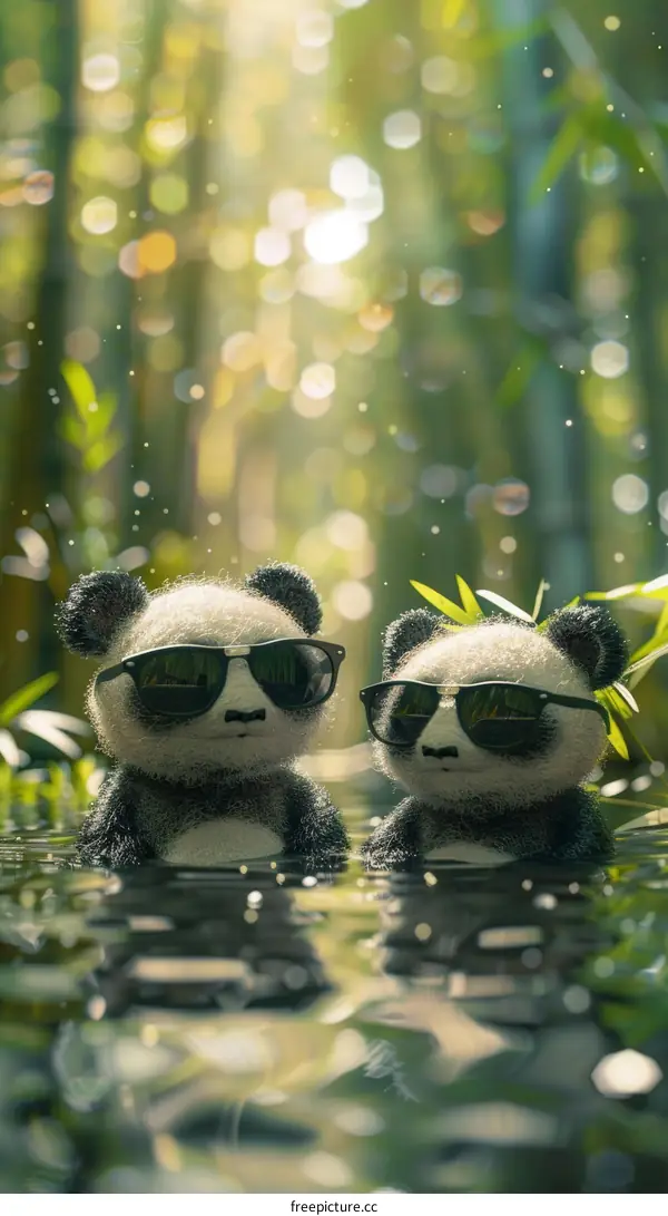 Two cartoon pandas wearing sunglasses are sitting in a bamboo forest
