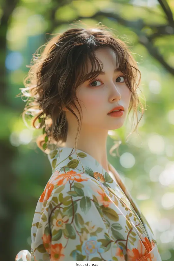 Asian Woman in Traditional Japanese Kimono Outdoor Portrait