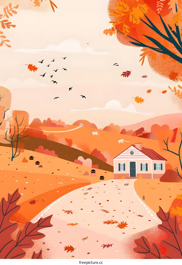 Autumn House with Birds Flying in the Sky