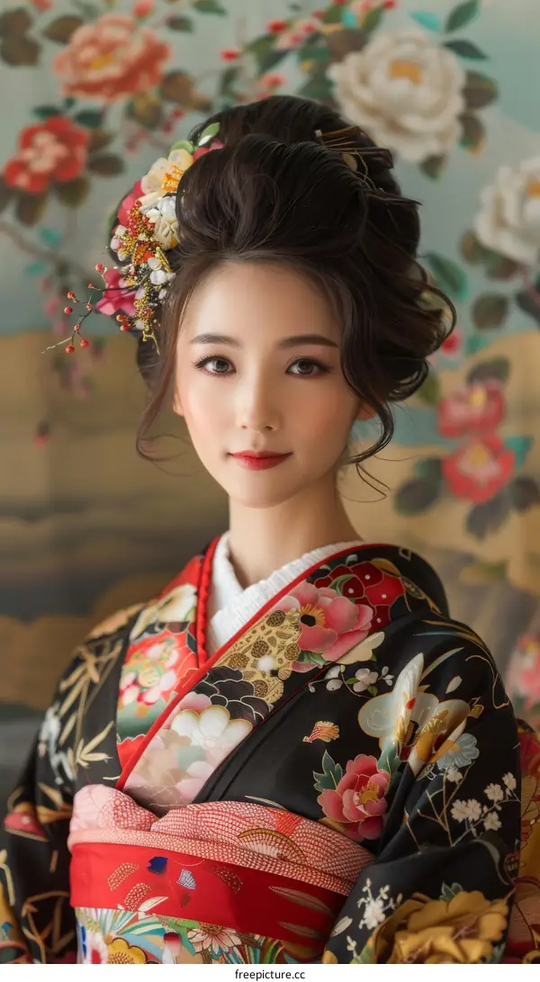 Portrait of a young woman in a kimono