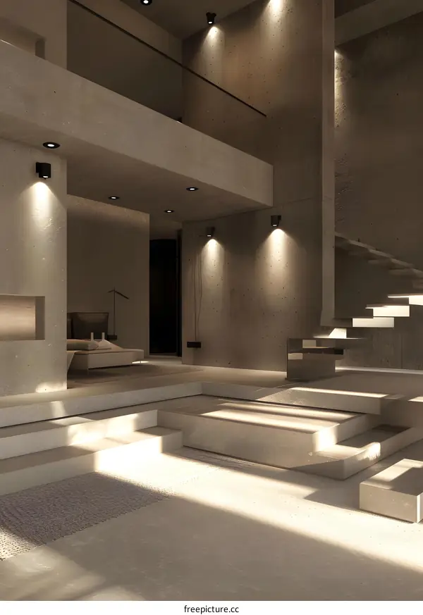 Modern Concrete House Interior Design with Stairs and Sunlight