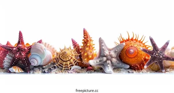 A variety of seashells and starfish are arranged on a white background.