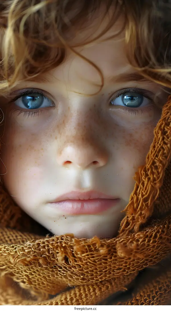 Portrait of a young girl with freckles and blue eyes