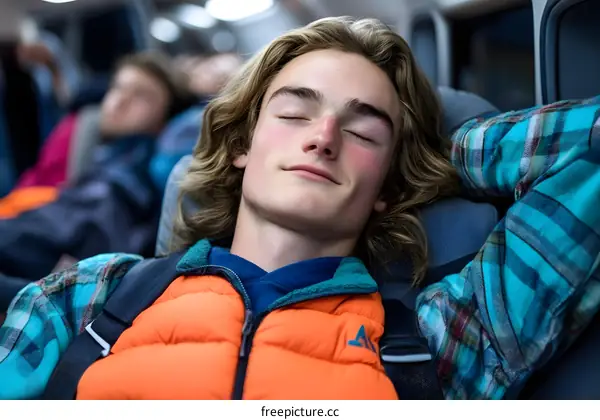 Young Man Sleeping on a Bus with His Eyes Closed