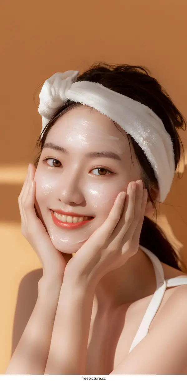 Smiling Woman with Face Mask and White Headband