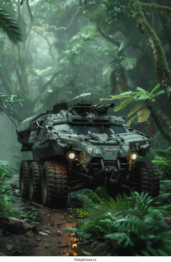 The military vehicle rides through the jungle