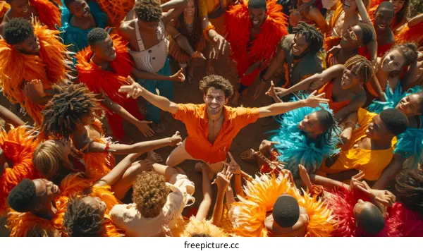 A group of diverse people dancing in a circle