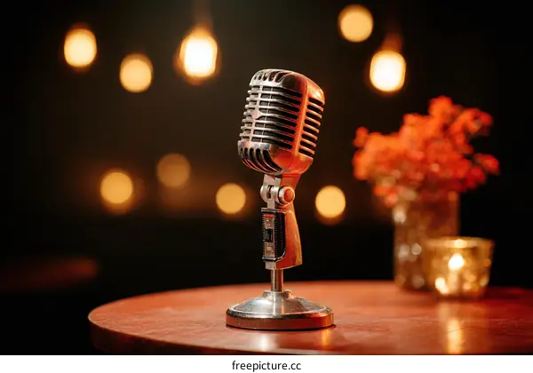 Vintage Microphone on a Wooden Table in a Warm Lighting Setting