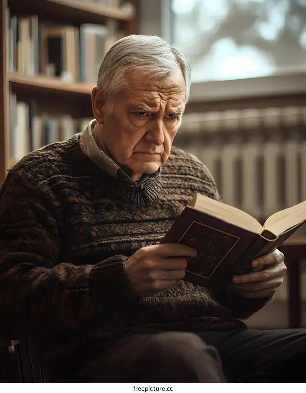 Elderly Man Reading Book in Library