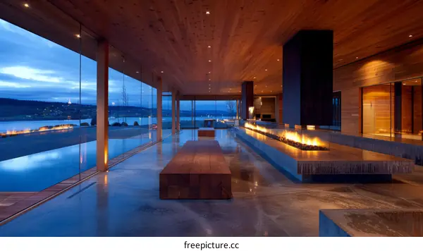 Modern house interior with amazing lake view and fireplace