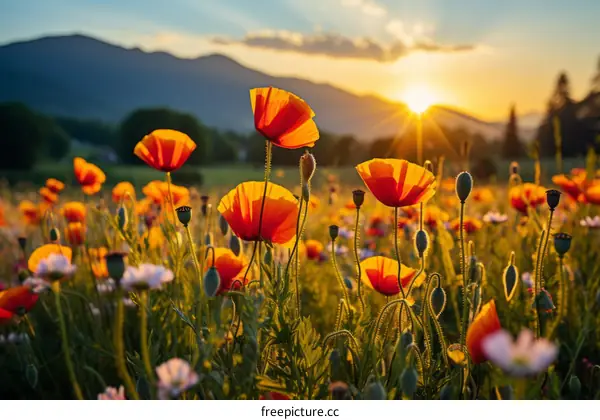 Field of red poppies at sunset