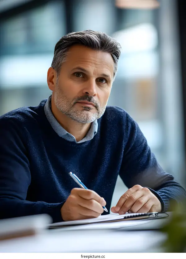 Caucasian Man Writing in a Notebook at his Desk
