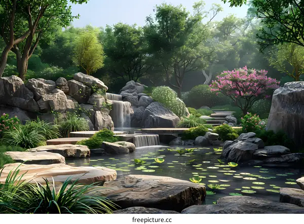 Japanese Zen garden with a pond, waterfall, and stone path