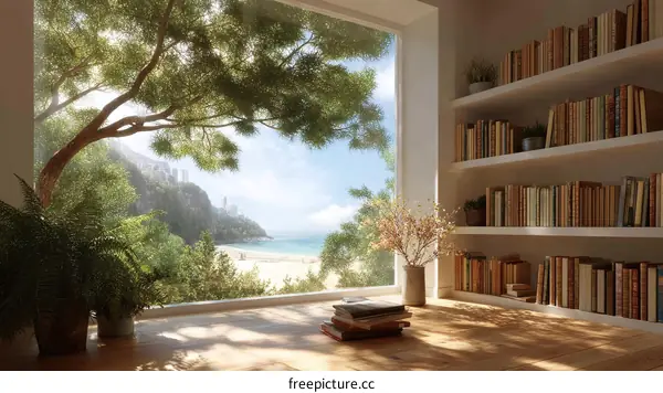 Coastal Library Nook Illustration with Sunlight
