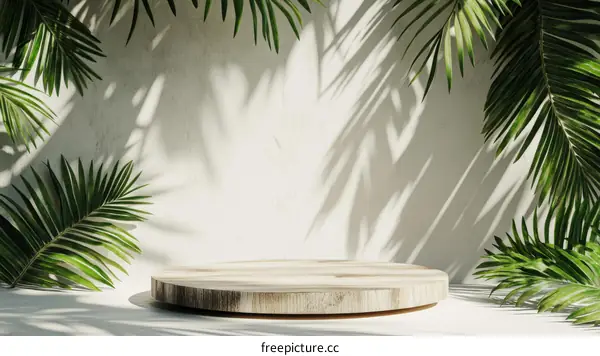 Wooden Display Podium with Tropical Leaves