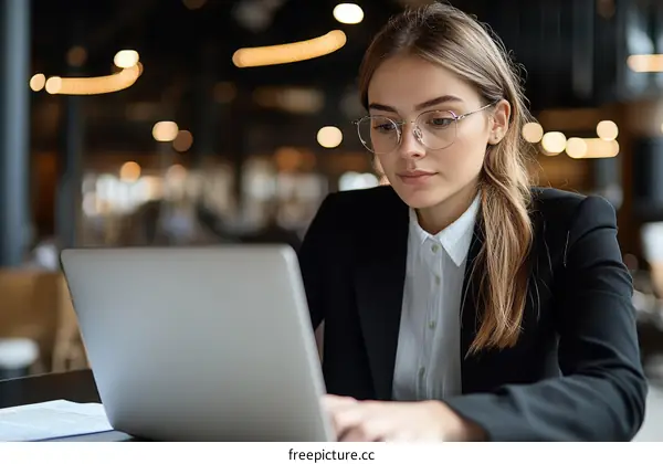 Focused Young Woman Working on Laptop in Cafe