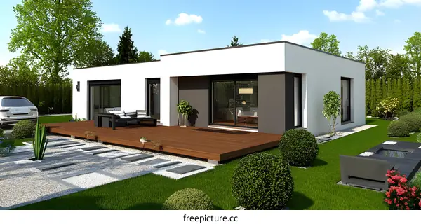 Modern White House with Wooden Deck and Landscape Design