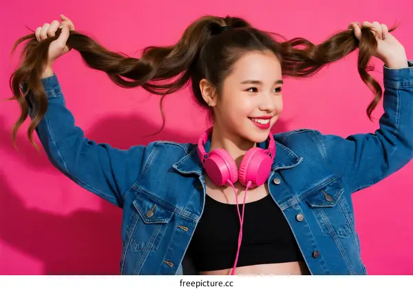 Young girl with pink headphones playing with long hair against pink background