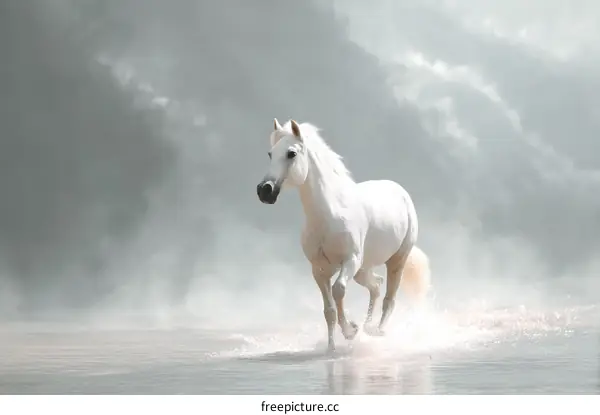 Majestic White Horse Running Through Misty Waters