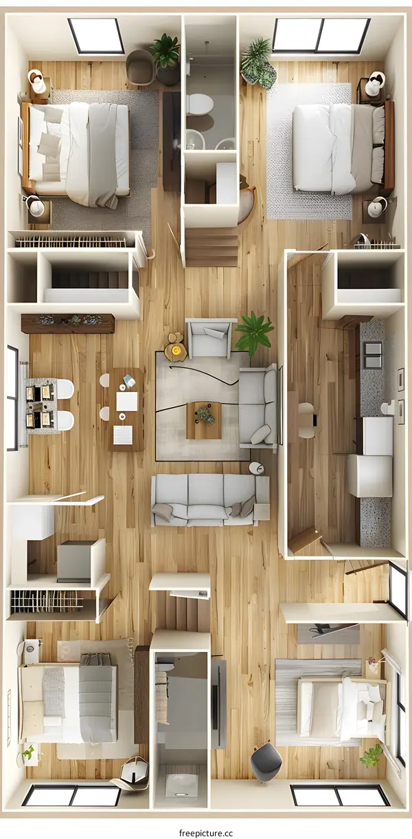The floor plan of a three-bedroom, two-bathroom apartment