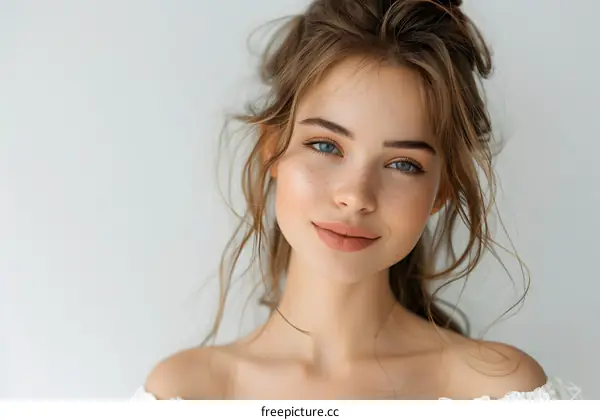 Close Up Portrait of Beautiful Woman with Freckles and Blue Eyes