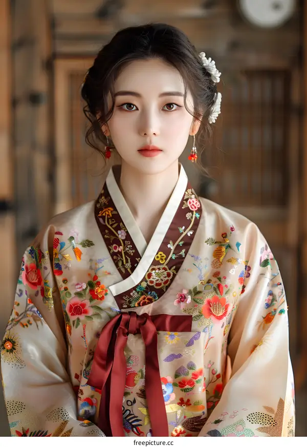 Portrait of a young Korean woman in traditional dress, or Hanbok