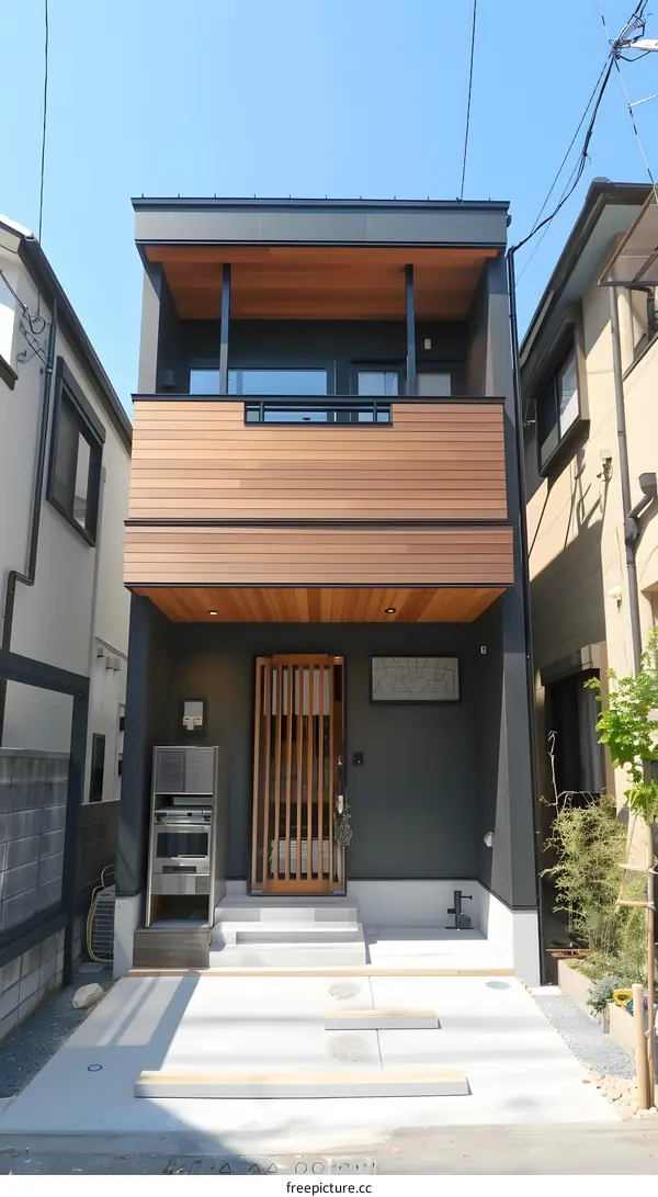 Modern House Entrance With Wooden Balcony and Gray Walls