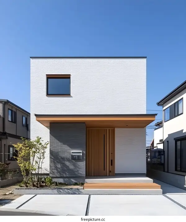 Modern White Brick House with Wooden Door and Small Window