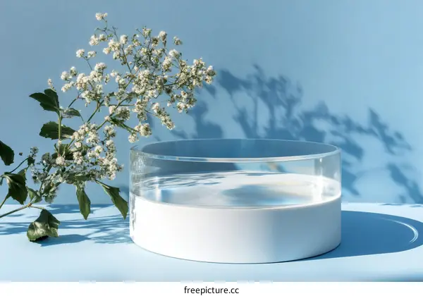 A Minimalist Display Stand with White Flowers
