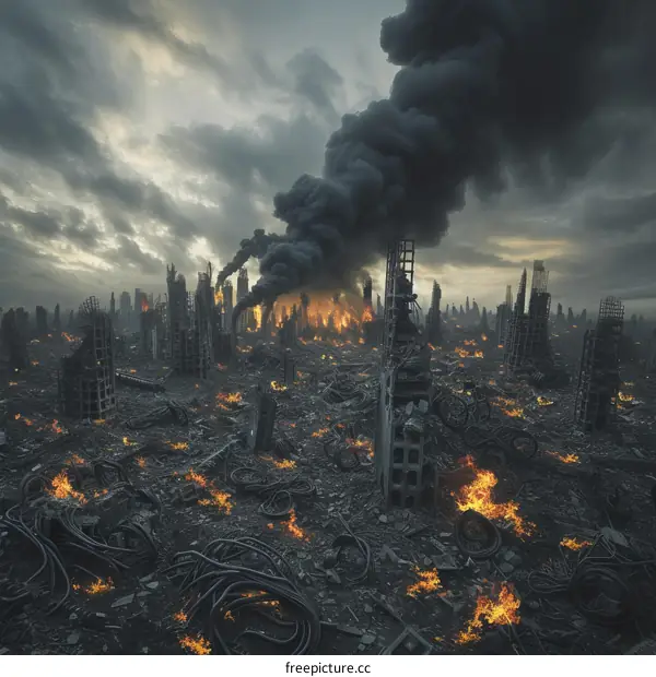 A post-apocalyptic city in ruins with smoke and fire