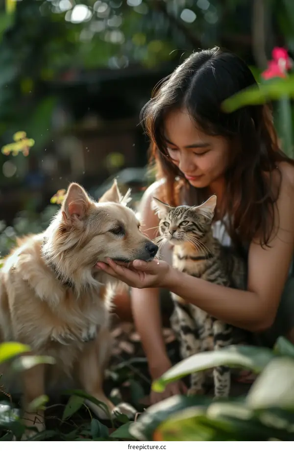 A young woman is petting a dog and a cat
