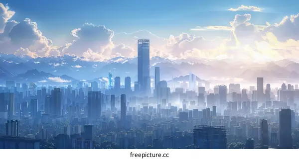 Panoramic Cityscape with Towering Skyscrapers and a Majestic Mountain Range