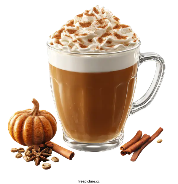 [Transparent Background PNG]Pumpkin Spice Latte in Glass Mug with Decorations