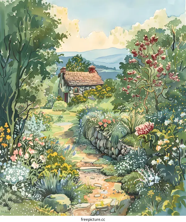 Stone Cottage in a Lush Garden with Path Leading to Hills