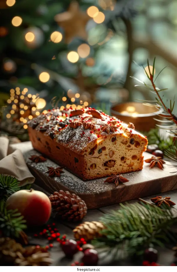 Close-up of a traditional Christmas cake with nuts and spices on a wooden table