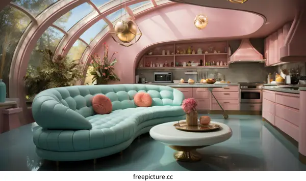A pink and blue retro futuristic living room
