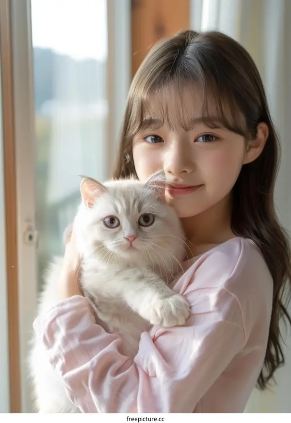 A young Asian girl is hugging a white cat