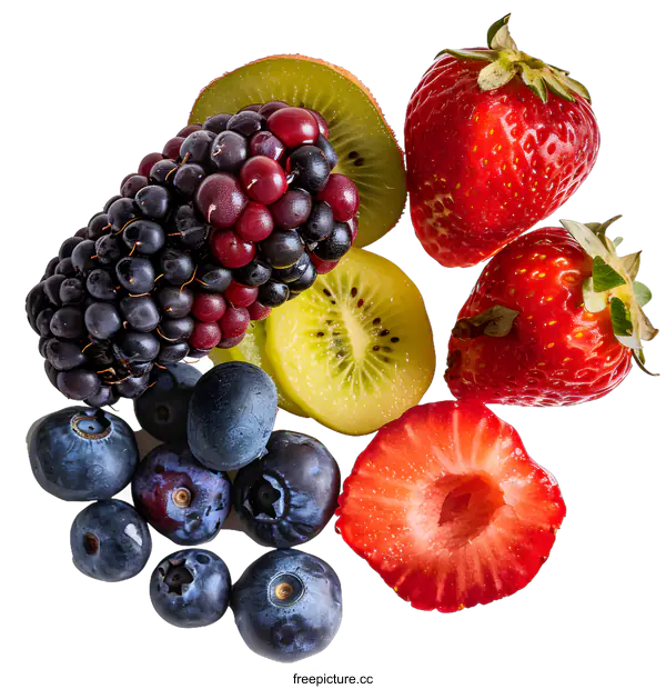 [Transparent Background PNG]Fresh and Juicy Berries and Kiwi Slices on White Background