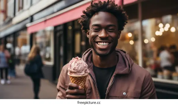 A young African-American man is eating an ice cream cone on the street with a big smile on his face