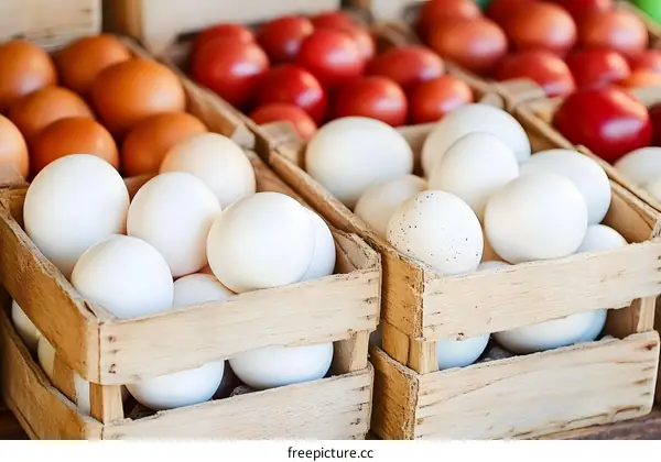 Fresh White and Brown Eggs in Wooden Crates