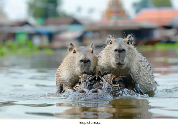 Two capybaras sitting on a crocodile