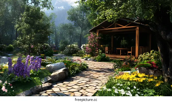 Wooden Gazebo in a Colorful Garden with Stone Path