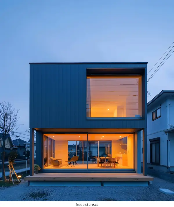Modern House with Large Windows and Wooden Deck