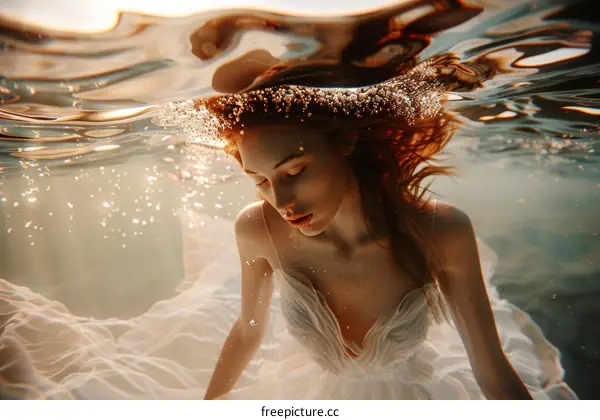 A woman in a white dress is swimming underwater with her eyes closed