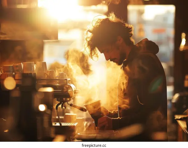 Barista making coffee with steam rising from the cup