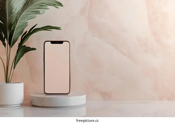 Phone Mockup with White Marble Platform and Palm Leaf