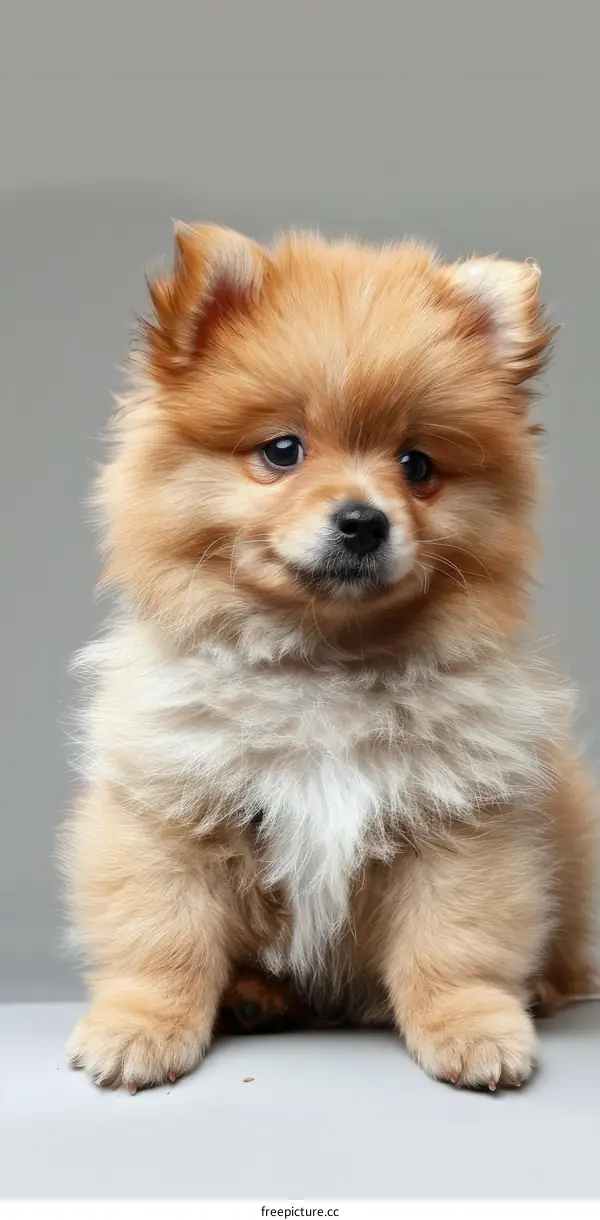 Cute Pomeranian Puppy Sitting on a Gray Background